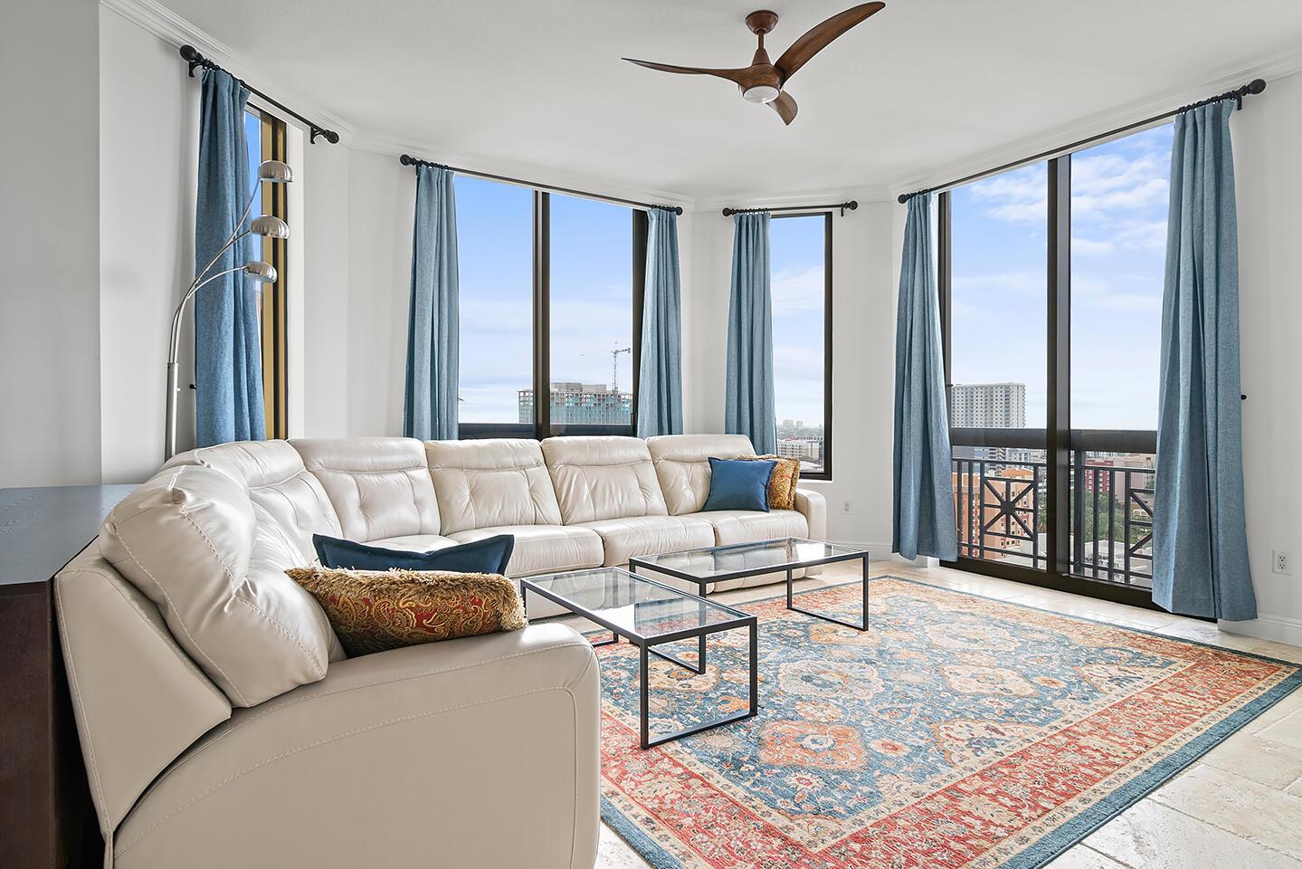 This 2/2 + den condo is an incredible furnished rental in the luxury high rise of Two City Plaza! Unique corner floor plan with over 2100 square ft and windows all throughout. You will enjoy entertaining in your chef's kitchen while watching the sunset & gorgeous northeast intracoastal water views from the living room. Guest bedroom has a daybed with a trundle bed underneath and the den has a full size pull out couch. A separate laundry room with tons of cabinet storage space. Walkability to all shopping & dining, intracoastal and Palm Beach make this the perfect home away from home! Amenities include stunning rooftop pool, fitness center, steam room & sauna, movie theatre, club room, complementary valet parking and 24 hr front desk. 6/mth min.