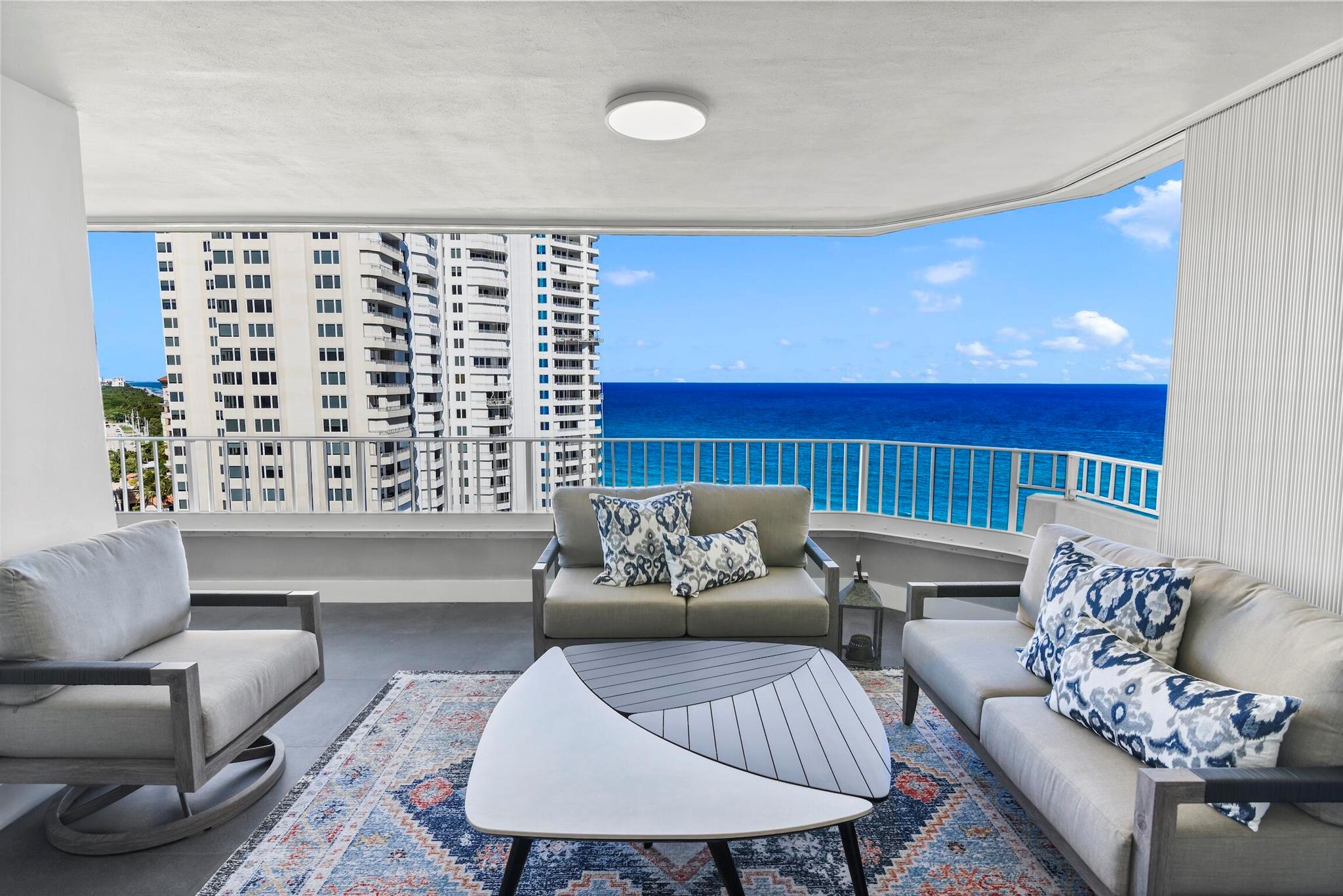 Sophisticated 14th floor residence boasting breathtaking views of both the ocean and intracoastal from every room. Remodeled to perfection with an eye for detail. Contemporary open floor plan with luxurious finishes, brand-new furniture and too many upgrades to list. Oversized terrace with endless views of the ocean. The full-amenity building is situated directly on the sand, granting you private beach access. Experience a splendid oceanfront swimming pool, a state-of-the-art fitness room, and two tennis courts. Located at one of Boca's most coveted beach spots, you're also close to a variety of restaurants and shopping destinations. Just a few minutes away from Mizner Park and Royal Palm Plaza, you will never be far from the action.