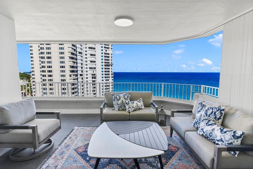 Sophisticated 14th floor residence boasting breathtaking views of both the ocean and intracoastal from every room. Remodeled to perfection with an eye for detail. Contemporary open floor plan with luxurious finishes, brand-new furniture and too many upgrades to list. Oversized terrace with endless views of the ocean. The full-amenity building is situated directly on the sand, granting you private beach access. Experience a splendid oceanfront swimming pool, a state-of-the-art fitness room, and two tennis courts. Located at one of Boca's most coveted beach spots, you're also close to a variety of restaurants and shopping destinations. Just a few minutes away from Mizner Park and Royal Palm Plaza, you will never be far from the action.