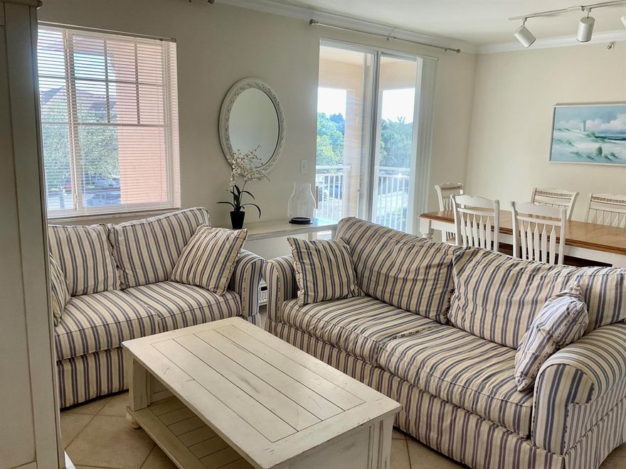 This beautifully furnished, 1 bedroom 1 bath w/GARAGE and includes water/sewer, trash & basic cable. Offers stunning views, exceptional quality and so much more. Just a few of the features include private terrace, full size washer/dryer, walk-in closet, granite countertops, stainless steel appliances, garden tub.  Crown molding in living room & dining room, hurricane resistant windows, tile flooring throughout except bedrooms. The amenities include 2 resort style swimming pools w/sundeck, mediation garden, picnic/grilling areas, controlled access gates, 2 state of the art fitness centers, tennis court & your very own putting green.