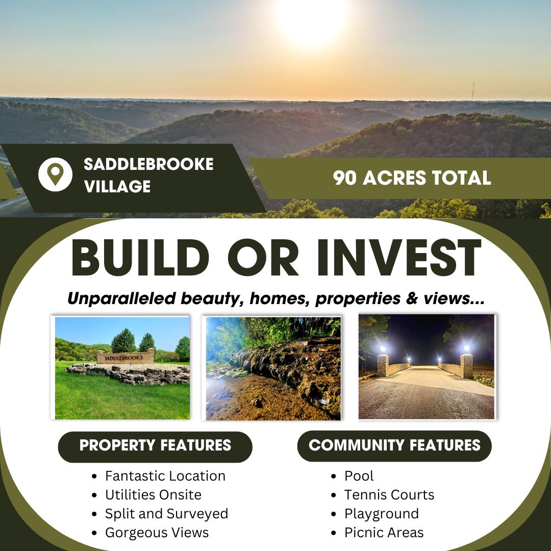This one stands above the rest! Literally, it's located on the highest point in The Village of Saddlebrooke. Located in a highly sought-after area and includes many great amenities. Huge investment or development opportunity, or maybe you are ready to build your dream home. You're guaranteed views for miles! The village has an astonishing 2,500 acres of beautiful hilltops, stunning valleys and crystal-clear creeks, which joins thousands more acres of Mark Twain National Forest. This is captivating acreage that never becomes available within this community. With most of the properties being around an acre in size, this property boasts 90 fantastic acres. To add to the elegance of this community they also have amenities including a community building with meeting rooms, swimming pool, basketball and tennis courts, and a pavilion at the park to enjoy family gatherings by the grill and creek. This community was designed to have mother nature on full display. Conveniently located with quick access to Highway 65 and about 10 minutes to restaurants, shows and shopping at the Branson Landing, you are sure to always have something to do when friends and family visit.
