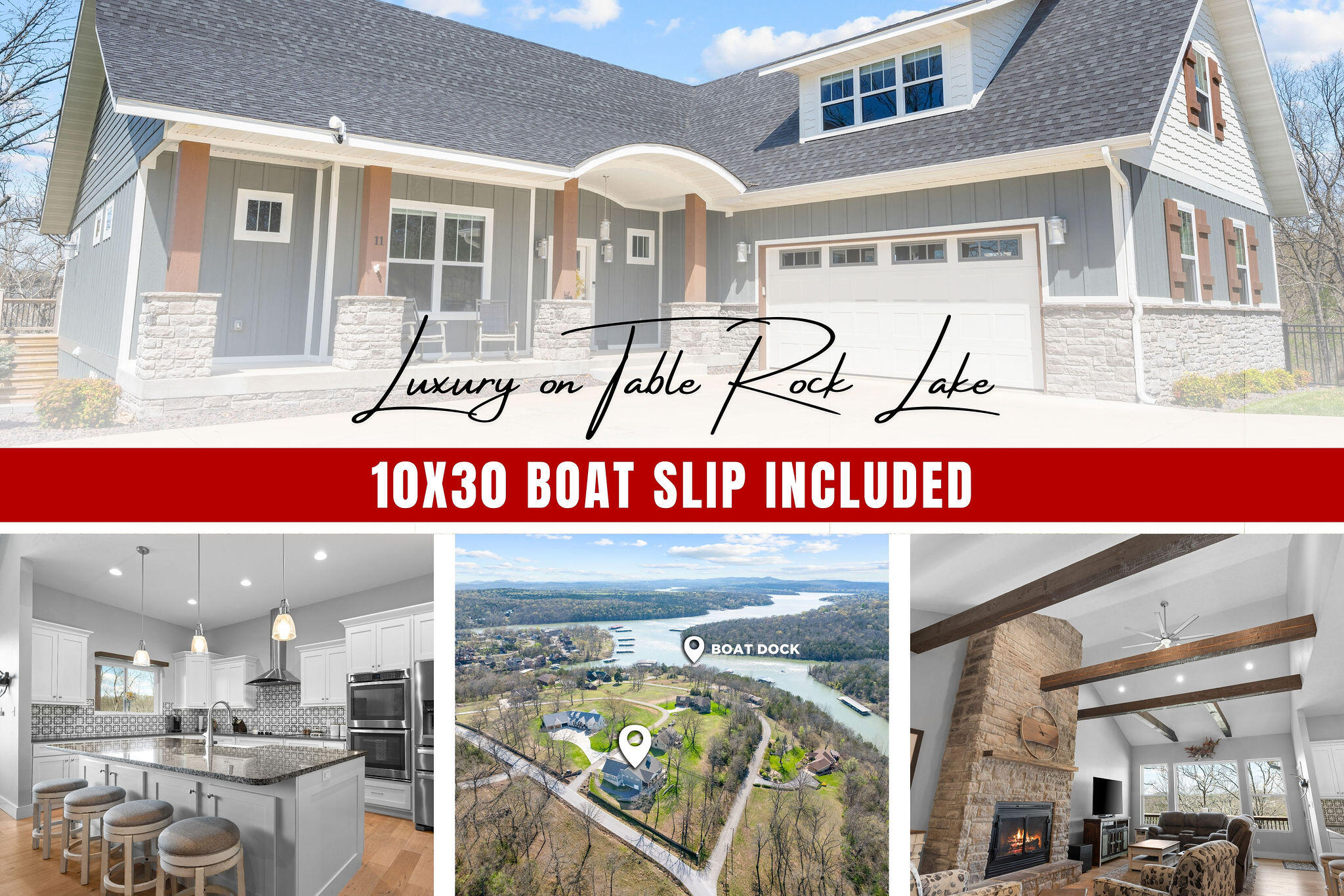 Executive Lakeview furnished home with 30 ft slip included in the price! This amazing Table Rock Lake home features circular drive to front porch/first level garage, large entry way, vaulted great room with stone fireplace to ceiling, center island with farmhouse sink, modern stainless steel appliances including double ovens, corner pantry, large screened in porch/deck, custom fenced back yard, gated entry and a sprinkler system! Three ensuites on the main level.  Spacious primary bedroom with massive walk-in closet adjacent to laundry room. The upstairs has endless possibilities with a large loft space that includes two large closets that could function as an office or bedroom. Descend to the lower level and find a gorgeous living area, Jack and Jill bedroom/bathroom setup, and a fabulous multi-purpose John Deere room with a lower level garage door and additional storage closet space. Meander down to the water to find the included 10x30' boat slip with swim deck and gated walkway.  Owner has a UTV and a bass boat for sale in addition to home and slip.