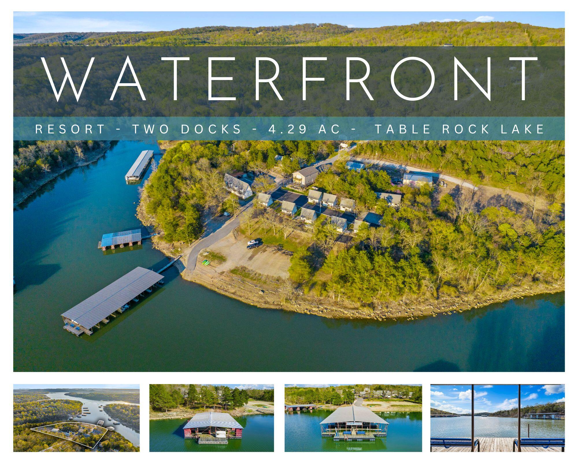 Edgewater Villa Resort | 4+ Acres Lakefront | Table Rock LakeGenerations of cherished memories have been made at Edgewater Villa Resort--a beloved, nostalgic slice of Table Rock Lake life now prepared for new ownership & endless adventures.Property Overview:- Iconic lakefront resort on 4+/- acres nestled above Table Rock Lake- Over 950 ft of lake frontage in a quiet, no-wake cove- Zoned for relaxation & recreation--just minutes to Kimberling City, Branson West & BransonResort Features:- 19 turn-key units: charming cabins, duplexes & cozy condos- 2 resort docks with a total of 28 boat slips (steps from each unit)- Outdoor pool w/ 30x30 ft event-ready gazebo- 54x45 ft insulated steel shop building for maintenance/storage- Playground, shuffleboard, ping pong & multiple picnic areas- Rental watercraft included (kayaks, paddleboards, etc.)- Access to fishing, boating, swimming & shoreline exploringMain Residence:- 3,000+/- sq ft beautifully finished lake view home- Chef's kitchen, 2 guest bedrooms, 3 baths- Spa-like owner's ensuite for year-round living- Attached office/check-in for on-site managementAdditional Perks:- 1.5+/- acres undeveloped - ideal for future expansion- Well-maintained roads, infrastructure & natural landscaping- Excellent location by land or water:- Near dining, golf, Silver Dollar City, hiking/biking trails & Branson nightlife- Boat-up access to marinas, floating restaurants & top fishing spotsA rare opportunity to own a thriving resort in one of the most desirable lakefront locations in the Ozarks. Let the next chapter of Edgewater Villa Resort begin--with you.