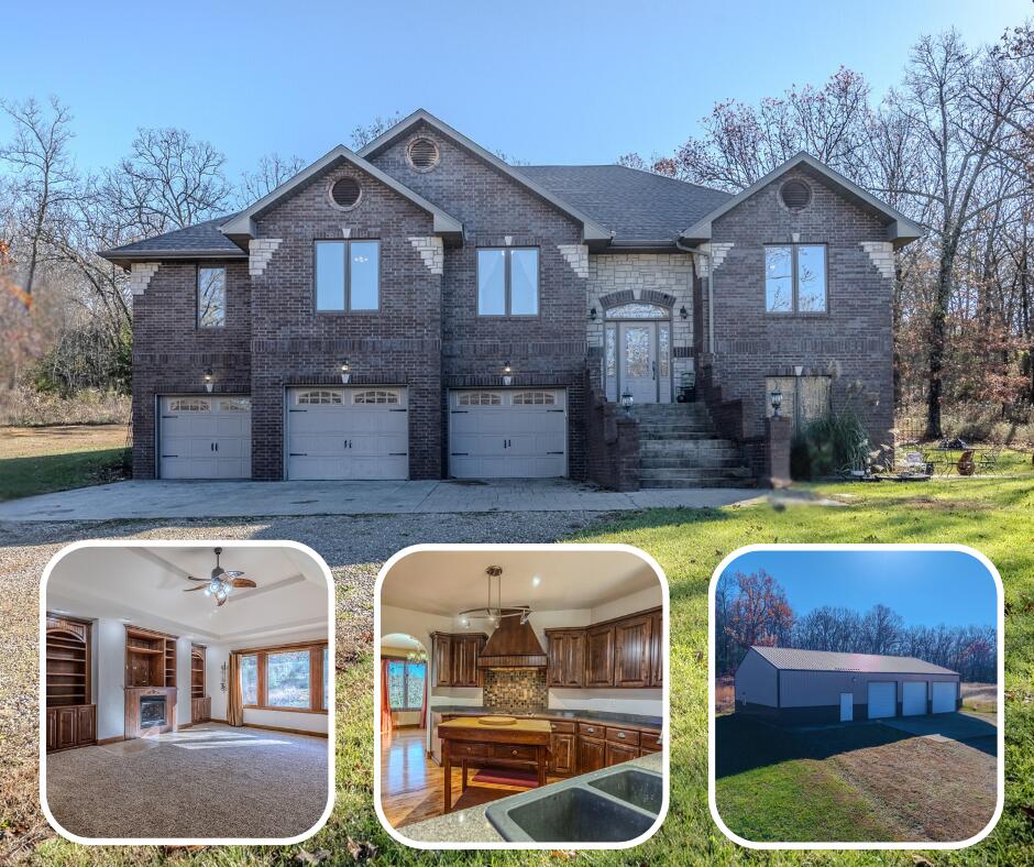 Welcome to your dream custom-built all-brick home where luxury meets functionality and is nestled in the woods! First time on the market, this stunning 4,170 square foot residence showcases exceptional craftsmanship throughout, from its elegant arched doorways to beautiful custom trim work that adds character to every room. The heart of this home is its oversized kitchen, featuring an abundance of custom cabinets & plenty of countertop space, perfect for the culinary enthusiast. The formal dining room provides an ideal setting for family gatherings, while the living room, complete with a cozy fireplace and built-ins, offers the perfect spot to unwind. Upstairs, you'll find three generously sized bedrooms, while the primary bedroom suite occupies the main level, featuring a custom-designed closet that organization dreams are made of. The interior is enhanced by 10' ceilings & oversized casement windows that flood the space with natural light, complemented by a mix of hardwood and carpet flooring. The finished basement adds valuable living space with brand new luxury vinyl plank and carpet, and access to a ground-level patio. Above, a deck off the main level provides additional outdoor living space. Heat & air were replaced in 2022. The massive 40' x 60' shop is a dream come true for hobbyists or car enthusiasts, complete with electricity & a bathroom.  Conveniently situated between Marshfield and Strafford with easy highway access, this property combines the peace of country living with accessibility to town amenities. With its thoughtful design, quality construction, and spacious layout, this home offers the perfect blend of comfort and sophistication for modern living.