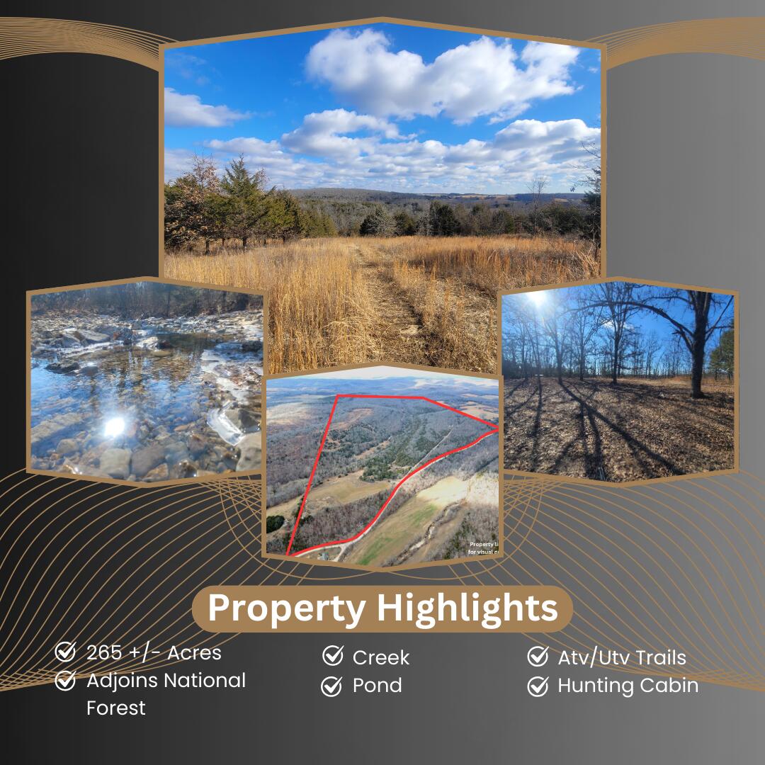 Nestled in the heart of nature, this exceptional 262+/- acre hunting property offers a sanctuary of privacy and tranquility. The expansive land is a harmonious blend of open pasture and dense woods, creating diverse environments for a variety of outdoor activities and wildlife encounters. One of the most remarkable features of this property is its adjacency to a national forest, providing endless possibilities for exploration and adventure right at your doorstep.  This property is a natural wonderland, featuring a serene creek that meanders through the landscape and a tranquil pond. For those who seek adventure and comfort, a well-equipped hunting cabin stands ready to serve as your base camp, with an additional bunk shed for accommodating additional guests. Beyond hunting, the property is ideal for a range of outdoor recreational activities. Whether you prefer hiking or riding ATVs through the wooded trails, bird watching, or simply enjoying the beauty of the natural surroundings, this property has something for everyone. The property is equipped with essential utilities, including onsite power and a well, ensuring convenience for extended stays. Despite its secluded feel, the property is only approximately 30 minutes away from the stunning Bull Shoals Lake, offering additional opportunities for boating, fishing, and water sports. Whether you are an avid hunter, an outdoor enthusiast, or someone seeking a peaceful retreat, this property promises to fulfill your desires and offer countless memories in the great outdoors.