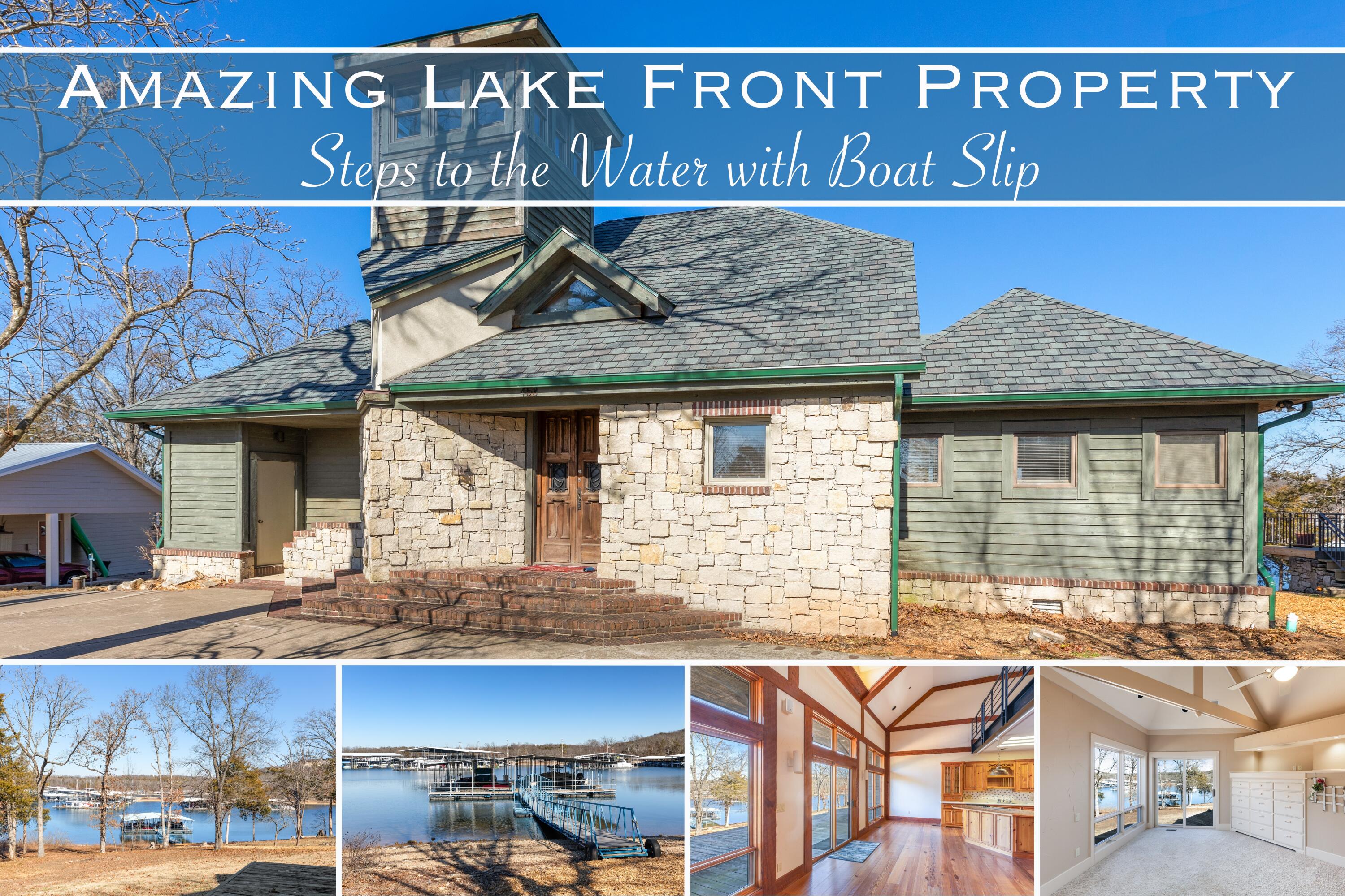 Walk to the Water from this Unique Lakefront Home! 10 x 28 Boat Slip available right behind the house! This 2 bedroom, 2 1/2 bath, 2574 sq. ft. rock home features incredible lake views, large open living concept, 2 master suites,  bonus loft area with fun little bonus room for the kiddos and more! Your boat slip is steps away! It's time to start living the lake life! Located in the coveted subdivision, The Point, next to State Park Marina & Minutes from Hwy 65!