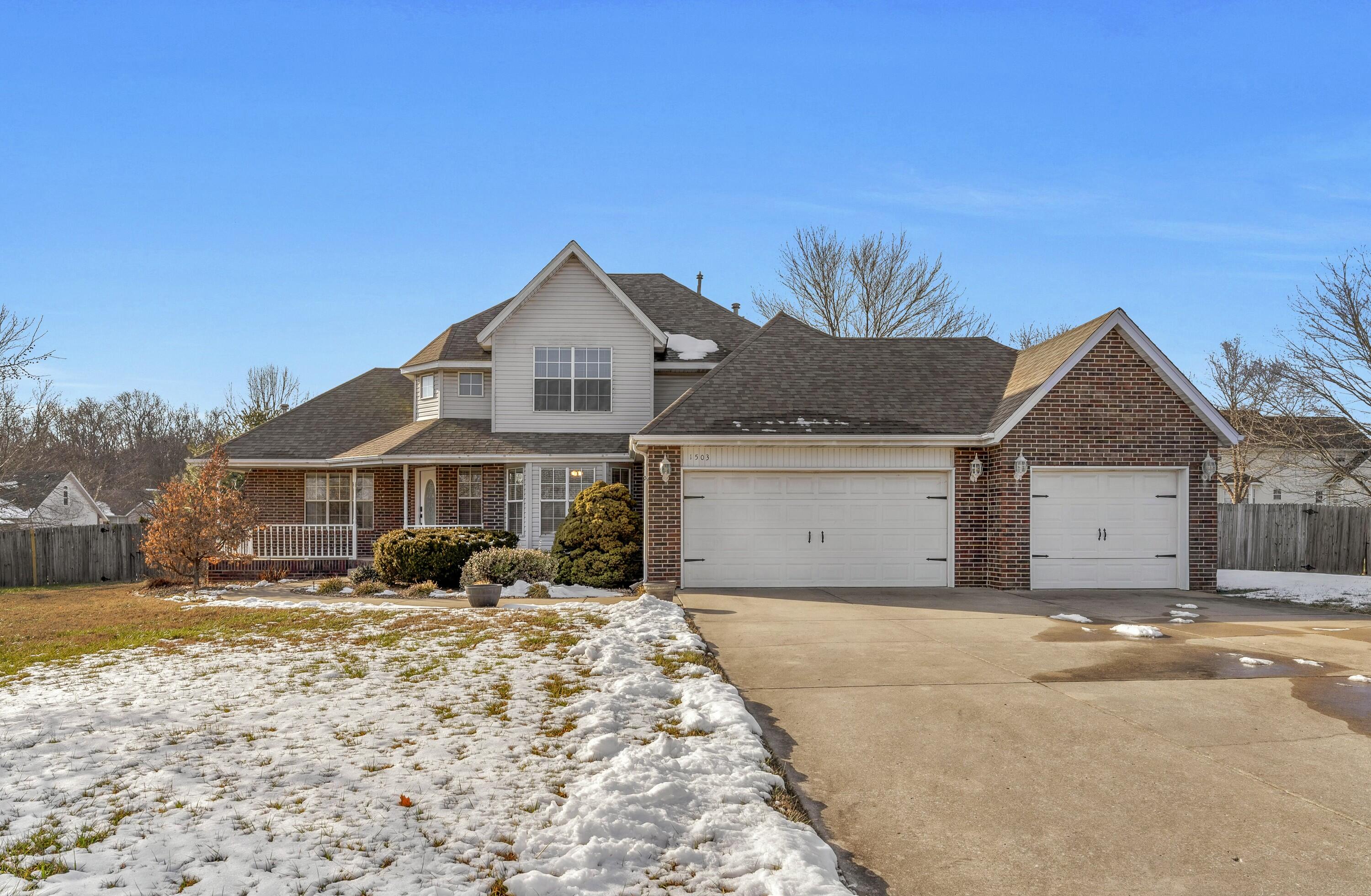 Welcome to this beautiful home in the highly sought-after Stone Creek subdivision. Offering the perfect blend of peace and convenience, this spacious Story-and-a-Half home sits on nearly an acre of land and features 4 bedrooms, 2.5 bathrooms, and a fully privacy-fenced backyard--ideal for both relaxation and entertaining. The inviting front porch greets visitors, while inside, soaring ceilings in the foyer and stairwell create an open, airy feel, with large windows that flood the space with natural light. The main level offers a formal dining area with a charming bay window, a generous living room with a gas fireplace, and a bright, open kitchen with stainless steel appliances, hardwood floors, built-in desk, custom cabinetry, and a separate breakfast island--perfect for both meal prep and casual dining.The primary suite, located on the north side of the home, features a luxurious spa-like bathroom complete with a jetted tub, a walk-in shower, a spacious vanity with ample storage, and a generous walk-in closet. Upstairs, there are three additional bedrooms and a full bathroom equipped with double sinks. The home also includes energy-efficient, separately zoned heating and cooling systems to help manage utility costs effectively.With its spacious layout, modern finishes, and serene outdoor spaces, this home offers both comfort and convenience in Nixa!!!