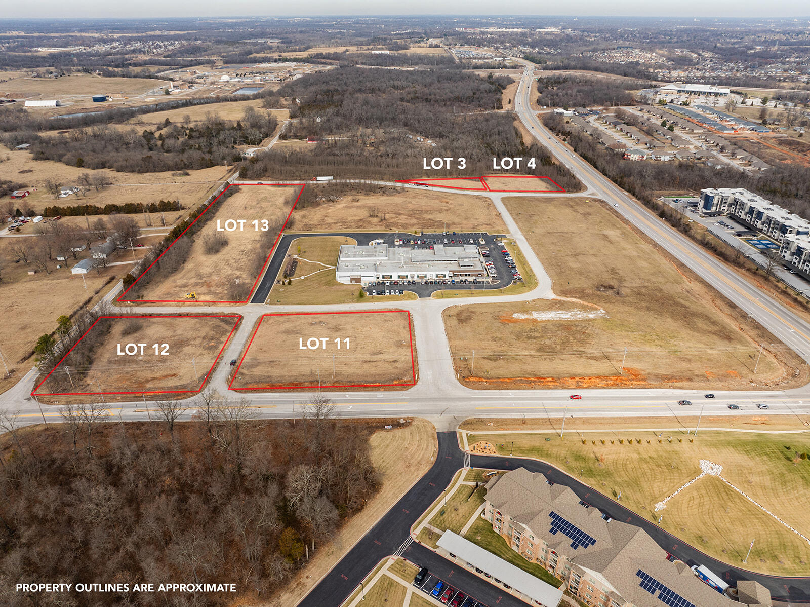 Multiple commercial lots are available at Wilson Creek Marketplace, situated in the growing city of Battlefield, MO. These lots are located at the corner of Republic Road and Highway FF and come with established road infrastructure, water detention, and utilities. Various lot sizes are currently available, ranging from 0.09 to 5 acres. All lots are commercially zoned, making them ideal for restaurants, retail stores, or office buildings. Nearby businesses include Russell Cellular, Walmart, Casey's, and CVS Pharmacy.