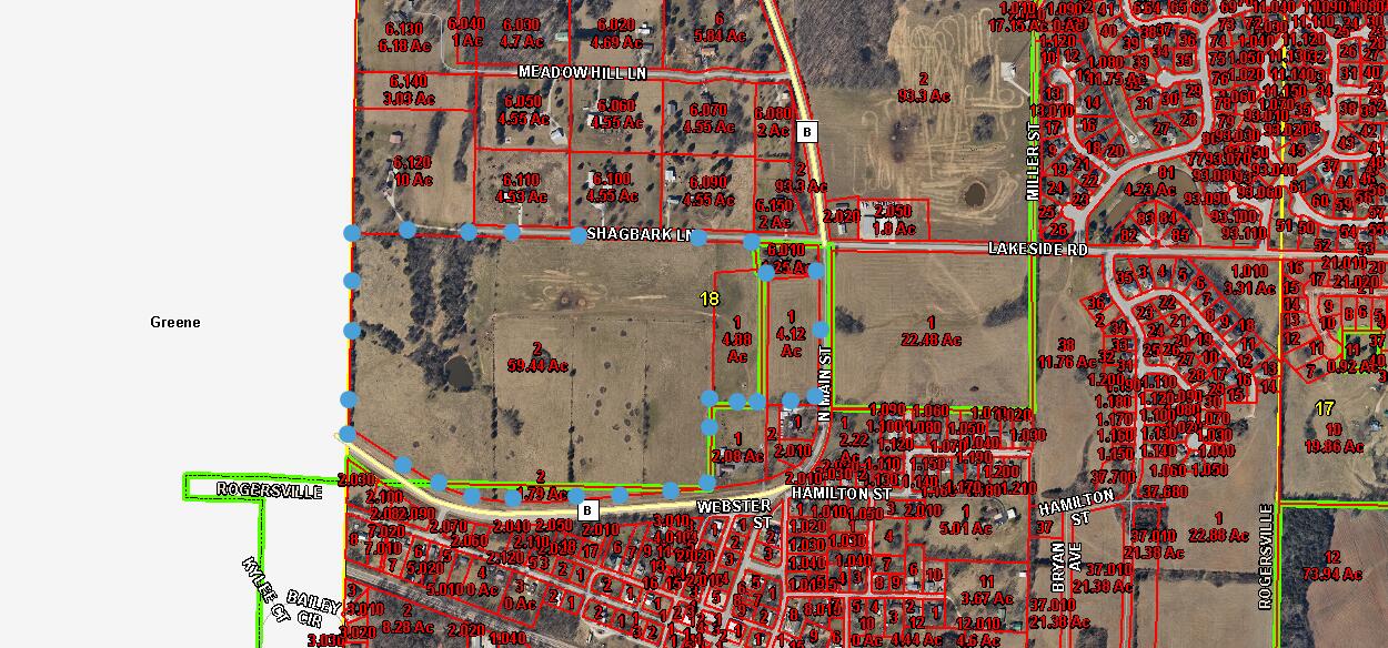 This is the perfect undeveloped property! Perfect for residential, commercial, extended living community, comprehensive planned community and more! Currently only a small portion along the south side is incorporated into the city of Rogersville, remainder is in zone free Webster county. B Highway (north main) on south side, Shagbark Ln on north. City sewer trunk runs across land. City of Rogersville will waive twenty (20) sewer impact fees on property.