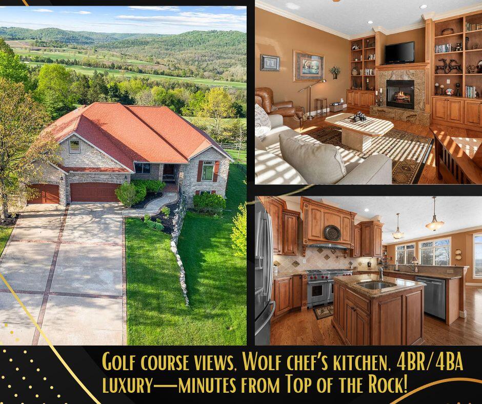 Luxury home with gorgeous golf course and Ozark Mountain views! Situated in south Hollister surrounded by renowned Jonny Morris development, this private retreat is convenient to Buffalo Ridge, Payne's Valley and Top of the Rock golf courses. With easy access to Hwy 65, you are just minutes from Branson or a straight shot south to Harrison. This full brick home features a chef's kitchen complete with a Wolf range, heating drawer and large pantry. There is a gas fireplace on each level and an outdoor fireplace on the back patio! There are lovely views off the covered back deck year round. The primary bedroom features a large bathroom with a travertine tiled shower and soaking tub. On the lower level is a second full kitchen and plenty of storage. There are two bedrooms on the main floor and two on the lower level. Rarely do homes on the golf course side come available. Amenities include swimming pool, restaurant and two golf courses. Schedule your showing today!