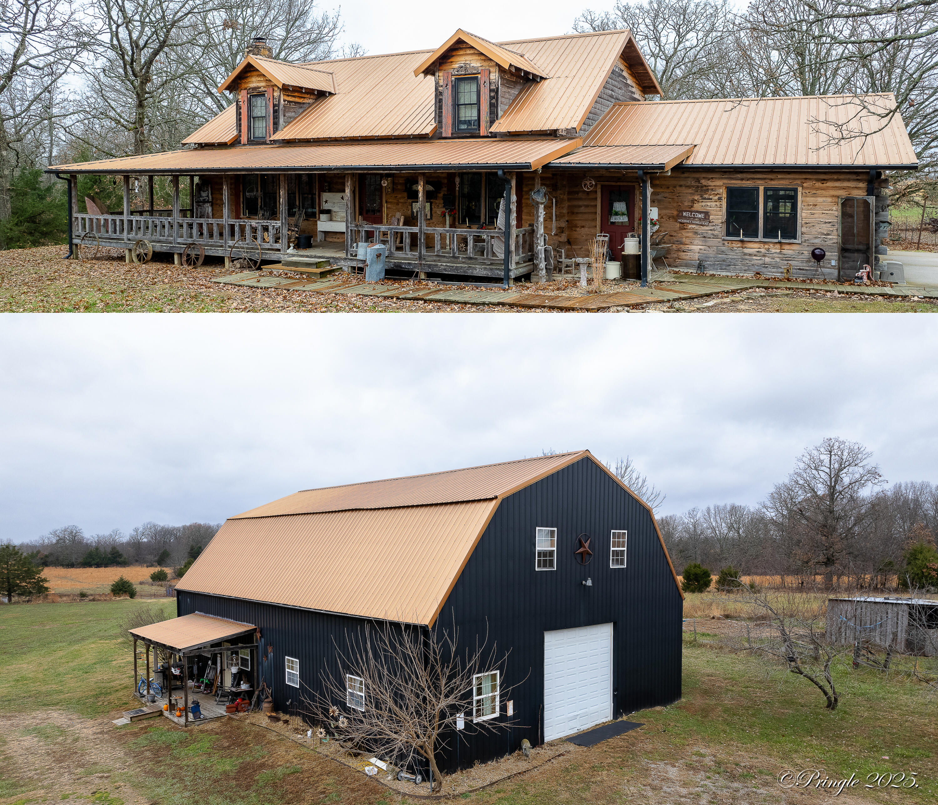 Custom Built Primitive Log Home on approx. Aprox 60 acres includes a  Log Home Home  w/ wood beam which has 5BD/3BA, aprox 3500sft. living space, 2 car garage, full basement, open beam ceilings, walk in pantry, custom cabinets, 10' walk around porch. 2nd house is a Barndominium. There's also a hay barn, Alpaca barn, shed with a 720 sq.ft. workshop.  Wood burning FP.. Included in the sale is breakfast bar, pantry wash basin, automatic waterers in pasture. Worth a look, there's a lot to see. Recent appraisal done. Both Homes have Copper metal roofs.  Priced below Appraisal.  Photos for 2nd house will be done when family member moves out soon. Within minutes of the Mark Twain Forest. Lots of deer and wildlife. Cattle guard and perimeter fenced.Living Room Ceiling is wired if new buyer wants a ceiling fan or light.