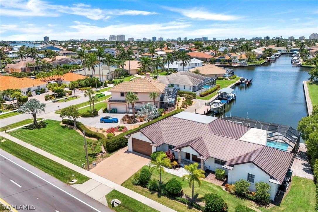 Aerial perspective of suburban area with skyline a