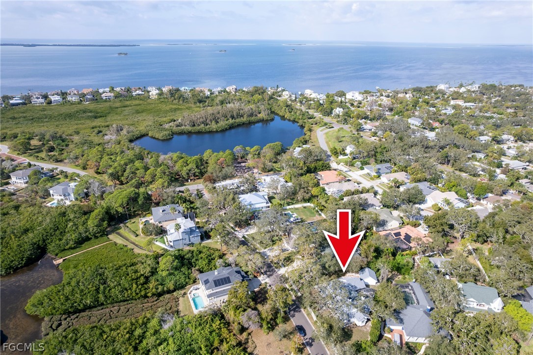 Aerial view of residential area featuring a large
