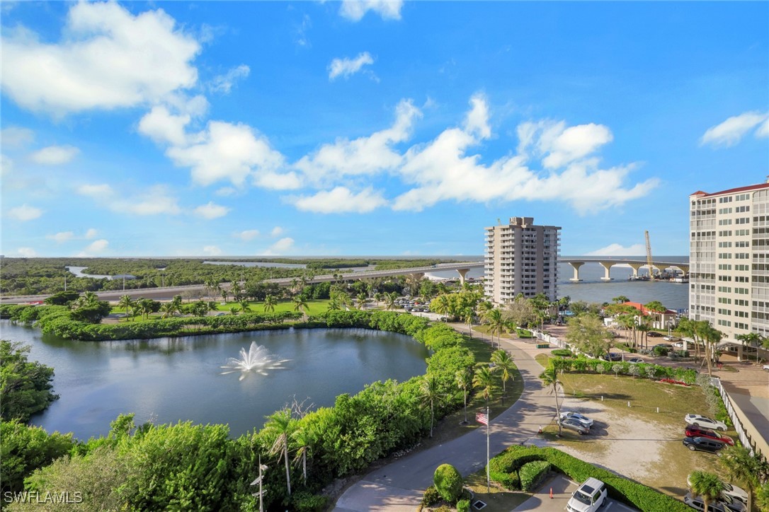 Aerial view of a large body of water and a notable