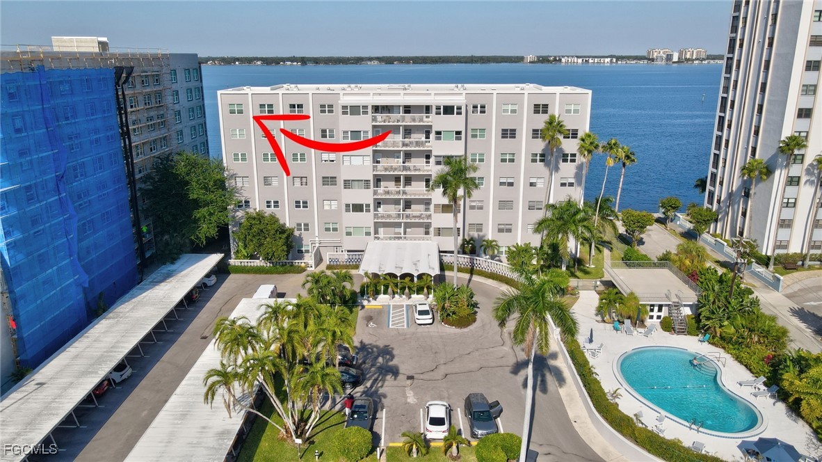 Bird's eye view of The Riverside Club condo, river