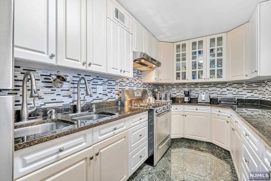 Architecturally redesigned corner 2BR/2Bath. Unique kitchen layout with plenty of storage. Spacious living room. Dining room has been repurposed and can be used as a bedroom, den or private office. Bathrooms are gut renovated. Beautiful, polished hardwood parquet floors throughout. Terrace is enclosed and can be used year round. Outstanding views from all rooms, from downtown NYC to stunning sunsets. Med South offers 24/7 concierge service, full time handymen, on floor laundry room, athletic courts, pool with BBQ area and deck, playground and manicured grounds. Columbia-Presbyterian Hospital employees appreciate the free shuttle across the street by the neighborhood park. Parking assigned after closing by management $85/$75/$65 per month per car. Choice of Spectrum or FiOS for cable service. Med South is centrally located with easy access to major highways making it easier to commute and near to fantastic dining venues. Great condo value for Fort Lee !