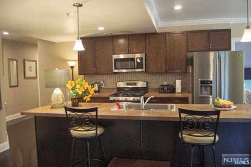 Large, luxurious corner unit (approx 1500 sq ft) with high ceilings, hardwood floors, like-new stainless steel appliances, a spacious balcony, in-unit laundry and tons of storage, all in a state-of-the-art building with electronic entry, security cameras, and a gym. Top notch location. Bus to NYC across the street, train to NYC 2 blocks away. Pharmacies, banks, restaurants, fast food, Hackensack Hospital and a large park with tennis/basketball courts all within a 5 minute walk. Includes TWO covered parking spaces!