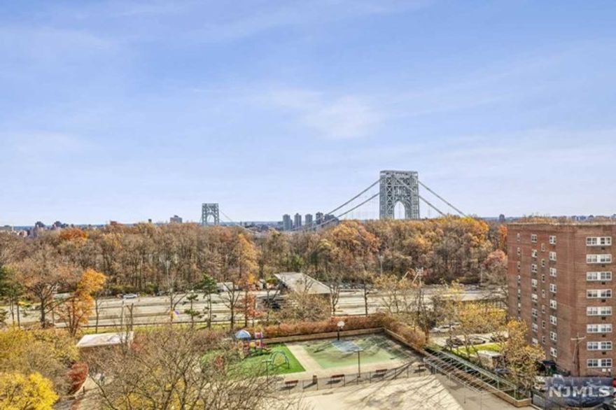 Don't Miss Fort Lee's Best Kept Secret, Amazing NYC Views and Location. A rare opportunity presents itself with this spacious 2 Bedroom, 2 Bathroom unit with large terrace w spectacular views, enjoy all the seasons. Immaculate, move in ready apartment with tons of closet space and parquet floors throughout. Bright and inviting eat in kitchen with large window and door to terrace, perfect space to enjoy the views and a cup of coffee. Expansive, bright LR, dining area. Hallway with multiple closets leads to 2nd bedroom/den, hall bathroom and expansive owner suite with full bathroom. This unit has 1442' living space and 104' terrace space. Location is close to trans, shopping, house of worship. Building req.- 20% down payment and 4: 1 Ratio. 2 yrs of tax returns, first 2 pgs. of 2021 ,2022 & current credit score or buying cash must show proof of funds. Street parking. Indoor & outdoor parking additional($75,$80,$85 approx)& storage ($30 approx )gym $155 per year for adults approx.