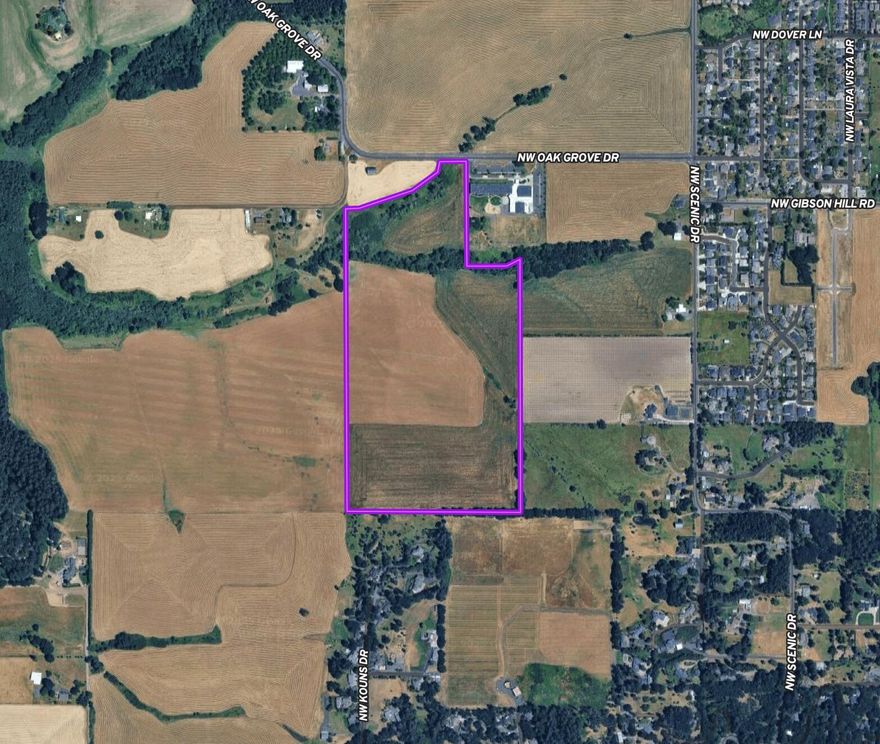 This remarkable 68-acre buildable farm, located next to Oak Grove Elementary School, sits squarely in the path of progress for a long-term investor or end user. Currently planted in turnips, the property features approximately 85% high quality Class II soils, ideal for year-around livestock grazing, horses, cattle, hazelnuts, Christmas trees, and supports multiple grass seed varieties. A homesite is permitted under Measure 49, with several building locations offering privacy and expansive, scenic views.
