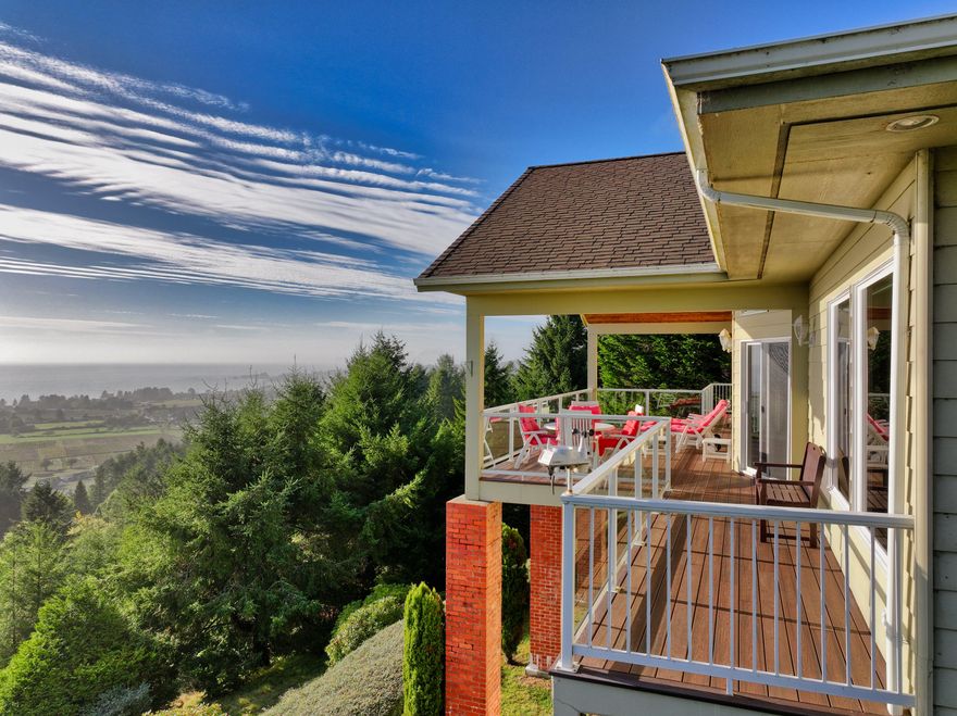 Step into your coastal sanctuary! This exquisite residence showcases sweeping Pacific Ocean vistas, 3 generous bedrooms, 4 luxurious bathrooms, an inviting office, and a captivating theater room. The open floor plan exudes entertainment appeal, while the grandeur unfolds as you cross the threshold onto the expansive deck. The primary suite indulges with a sumptuous attached bathroom and spacious walk-in closet. Set on a meticulously landscaped 0.9-acre lot, this property transforms into a private oasis.