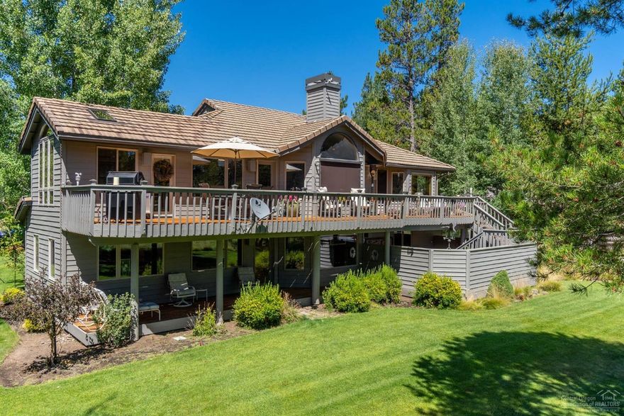 Lovely Woodlands Golf Course home with amazing upgrades and plenty of room for everyone! The great room layout boasts a gas fireplace, large windows with superb views and automatic window shades and easy access to the large deck. Stainless appliances, granite prep space with eating bar, and abundant storage make a very efficient kitchen. The main master suite features a jetted soaking tub, heated towel racks and heated travertine flooring. A lovely sunroom built off the kitchen plus a full bath give nice flexibility to the upper level. A family room with woodstove, Jr. master suite with den/ hobby room, 2 additional bedrooms and adjacent bath complete the lower level. Updated features include brand new carpet, granite counters throughout, hammered copper bathroom sinks, comfy cork flooring in the lower baths and newly re-finished decks. Make this your Sunriver memory-making headquarters today!