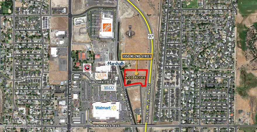 4 acre high profile commercial parcel in fast growing Redmond, Oregon.  Near Walmart, Home Depot, Petco, St Charles Hospital, and more.  Outstanding visibility from Hwy 97.  Panoramic Cascade Mountain views.  Seasonal irrigation canal cuts through SW corner providing a beautiful water amenity.  Utilities to the site.  Great site for hotel, multi family, retail, food, entertainment, medical, banks, auto and RV sales.  
Much development due diligence already completed including Phase I and ALTA survey.