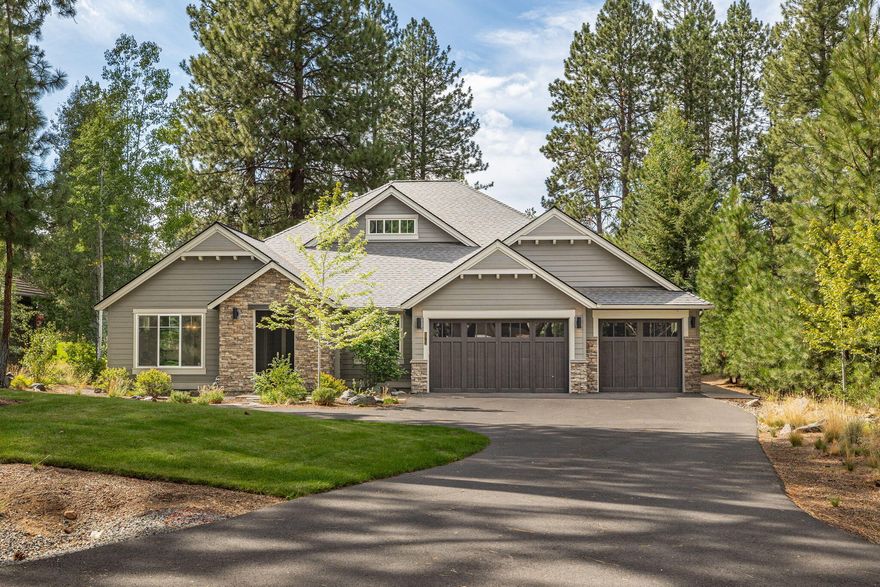 Forest, golf and water views surround this custom single-level Widgi Creek home. Comfortable modern farmhouse vibes and a casual elegance provide the perfect place for entertaining or relaxing. Thoughtful design features include 12' vaulted & tray ceilings, white ship lap accents, rough-sawn Oak wood floors, built-ins, electric blinds, and large picture windows to let in the light. A beautiful quartz topped kitchen island provides the perfect place to gather. You will love the gracious and private primary suite with tiled walk-in shower and soaking tub, a guest suite with private bath, two additional bedrooms with a shared bath, a ''pocket den'' with built-in desk, flex room with access to the back patio, and a generous 3-car garage. The community features a clubhouse, golf course, gated entrances, Pickleball courts, with convenient access to Mt. Bachelor, recreational areas and trails right out your door. Just minutes from Downtown Bend, Old Mill District & Hayden Homes Amphitheater!