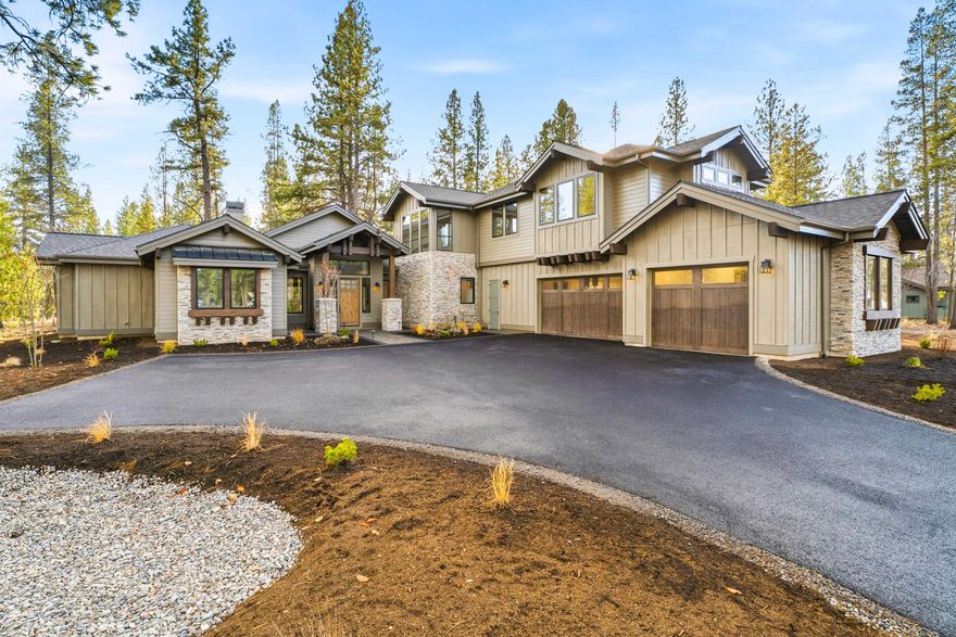 Introducing a new construction 6-en-suite bedroom, 7-bath home backing to the Wildlife Forest Preserve in Caldera Springs. This home has room for everyone & more, featuring 4 main level en-suites, a vaulted den, & an upper level complete with an en-suite bedroom, en-suite bunkroom with custom built-in bunks, & a spacious bonus room.  The great room features exposed beam detailing, 60'' linear gas fireplace with floor-to-ceiling stone surround, custom built-ins, & a 4-panel multi-slide stacking door leading to the covered patio. The luxurious primary suite opens to the outdoors with French doors and features a spa-like bath with freestanding tub, tile shower, walk-in closet & an additional exterior access door. Set on a generous 0.48-acre homesite, enjoy forested views from the southern-exposed back patios. Enjoy a vaulted covered area, dedicated hot tub enclosure, built-in BBQ & fire pit. 3-car garage. A thoughtfully designed, highly-appointed home to make your new Central OR basecamp