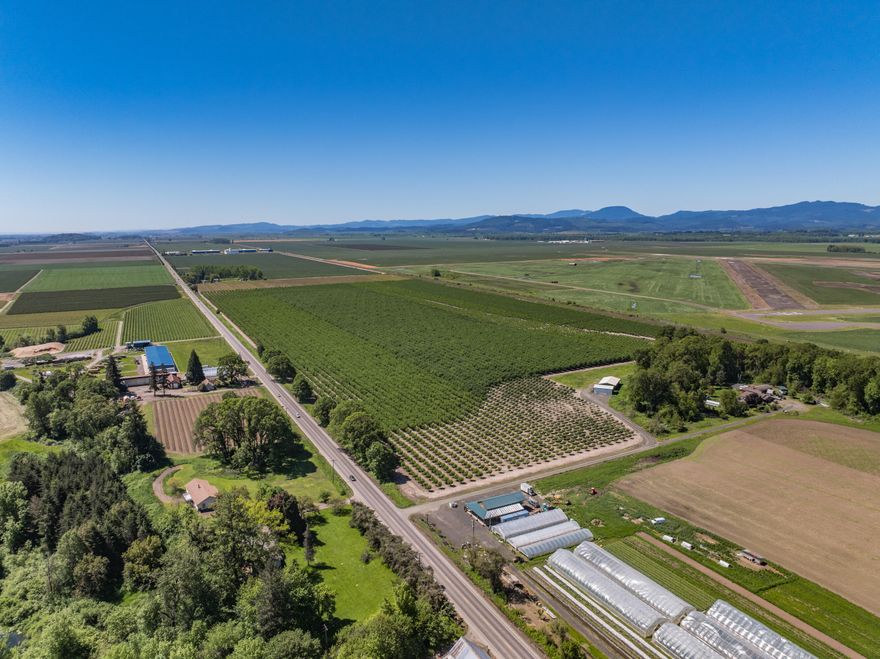 This 119± Acre Irrigated Farm is located east of the Corvallis airport w/ approximately 93.25 +/- AC of Hazelnut, 19 +/- AC of blueberries that is currently leased. Predominantly Woodburn soils, drip Irrigation & water rights from the Greenberry Irrigation District cover the entire farm. Drip Irrigation Mostly rectangular shaped w/ long frontage on Hwy 99W.  Buyer to do their own due diligence W/ Benton County on Buildablity. Two well built agriculture outbuildings. Excellent investment!