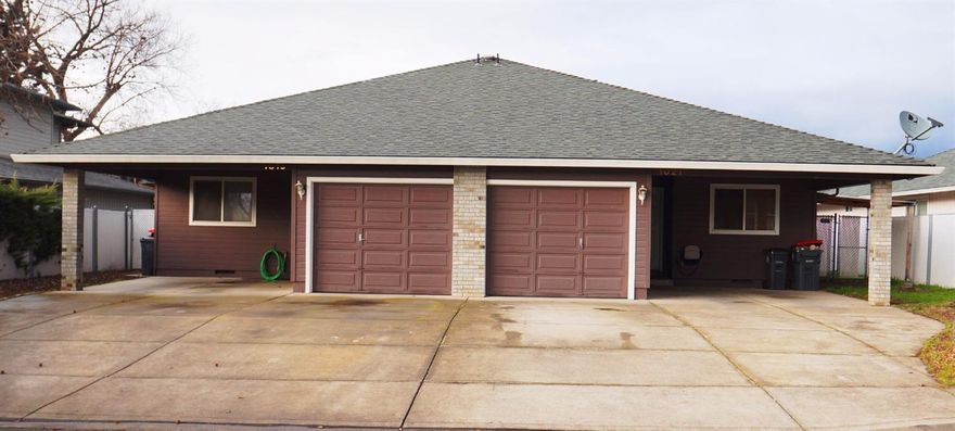 Excellent investment opportunity! These units are clean and have tenants that want to stay. The units could rent upwards of $900 each - owner has not raised the rents. Each unit has range/oven, dishwasher, disposal, refrigerator with Washer Dryers. Each side of this great property is 2 bedroom with 2 baths each has it's own 1-car garage and carport. Located in Central Point a desirable area for families - make these easy to keep occupied at only 130K per side! Make an appointment to see please do not disturb the tenants.