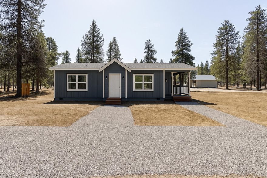 New Price Tune-Up! Discover this move-in-ready, newer 2 bed/2 bath manufactured home on a pristine 1-acre flat, treed lot. Featuring a brand-new well and septic, this home boasts an open-concept floor plan, a cozy pellet stove, a built-in entertainment center, a living room ceiling fan, & LVP flooring. The modern kitchen includes stainless steel appliances—propane range/oven, refrigerator, microwave, dishwasher—plus a washer/dryer, tiled backsplash, and ample storage. The spacious primary suite offers a coffered ceiling, walk-in closet, and an elegant glass-door walk-in shower. Enjoy the freedom of no HOA, a covered side porch perfect for entertaining, and space for RV/boat parking, a future shop, or a barn.  A gravel driveway, block foundation, fiber-optic internet, and high-speed connectivity add convenience. Close to HWY 97, shopping, dining, lakes, rivers, with easy access to La Pine State Park, Deschutes River, Mt. Bachelor, Sunriver, and Bend.  Call today for a private showing