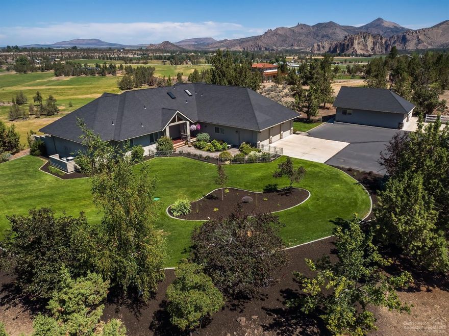 Spectacular home and setting on 5.52 acres in desirable Equestrian Meadows. Set back to the Rim, panoramic views of 7 Cascade Mountains & Smith Rock. Beautiful spaces for entertaining or just a peaceful hideaway. Main Level Master suite opens to deck w/Hot Tub & Views, XL walk-in closet. Very Large 4th Bedroom can be Bonus Room. Home has been meticulously cared for & recently updated throughout. 2000 sq ft of Garage space for all your toys & outdoor gear. RV parking. And close to shopping & restaurants!