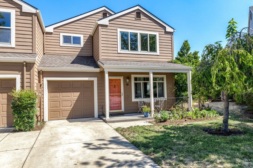 This townhouse is located adjacent to the HOA open space, allowing great natural light throughout the entire home. This home is clean, well maintained and ready for its new owner. The kitchen is quite a surprise with tile floors, countertops, stainless appliances, including an upgraded 5-burner gas cooktop and a hard-to-find double oven. The kitchen adjoins the dining room and has plenty of windows to take in the surrounding mountain views and the back yard garden. Slider access to the backyard complete with roses bushes, mature fig and pomegranate trees and a stone patio. The roomy living room has bamboo flooring and overlooks the front porch. Conveniently located powder room on the main level. Upstairs you will find the three bedrooms; the primary suite has plenty of storage and a tub/shower combo. Two addtn'l bedrooms share another full bath on this level. All the bedrooms offer surrounding mountain views. Single car attached garage.