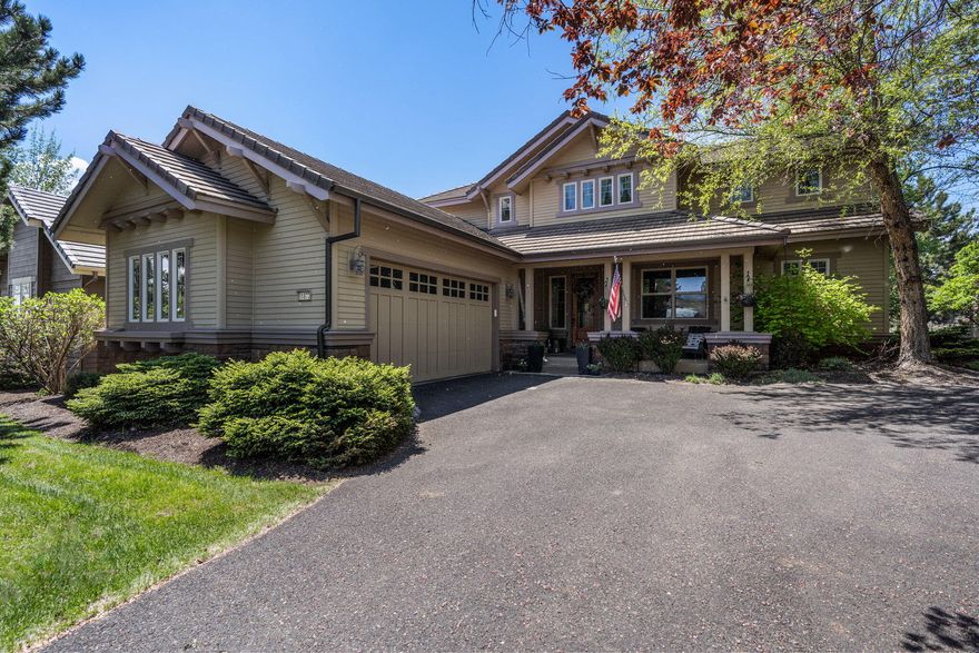 This charming Broken Top home with covered entry welcomes you into an open great room plan with soaring ceilings, hardwood flooring, gas fireplace and large windows with views towards the Cascade mountains. The kitchen offers ample cabinetry and a large eating bar and the dining area also enjoys access to covered patio, perfect for outdoor entertaining. The main level includes a large primary suite as well as a private office off the entry. Upstairs you'll find a comfortable bonus room, an en-suite Guest room and a third guest room with access to the third full bath. Located in Fall Creek at Broken Top, this property benefits from front yard landscape maintenance. One of Bend's most sought after Westside communities, Broken Top offers gorgeous golf course views, paved community walking paths throughout and excellent dining at the Broken Top Restaurant. Optional Club Memberships include golf and tennis, pickleball fitness center and seasonal pool.