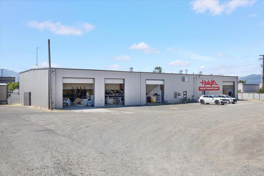 This property includes 2 tax lots totaling 1 acre in a desirable commercial area, featuring a 7,500 ft² insulated warehouse equipped with 3-phase electrical, 4 14' overhead doors, and skylights throughout. The warehouse features 5 office rooms (2 upstairs: 1 with a kitchenette & bathroom, and the other with 3 built-in desks). The lobby area boasts high ceilings and includes an additional kitchenette on the ground level, along with 1 interior bathroom and 1 exterior. The offices and lobby are climate-controlled with mini-split systems, and warehouse areas have gas heaters. For fire safety, the property is equipped with a comprehensive system which includes fire sprinklers, exterior fire connections, and an on-site fire hydrant. The warehouse is designed for flexibility, with the ability to be divided into 3 separate units, each with its own exterior door. The separate modular office features a mini-split system and a large deck, providing additional space for your business needs.