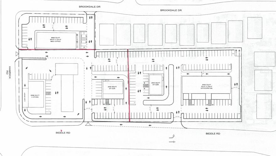Owners have conducted a TIA to justify a left in off Biddle and a full movement at Brookdale off Hamrick.  TL 800 needs to be annexed.  Partial sale would require a lot line adjustment.
