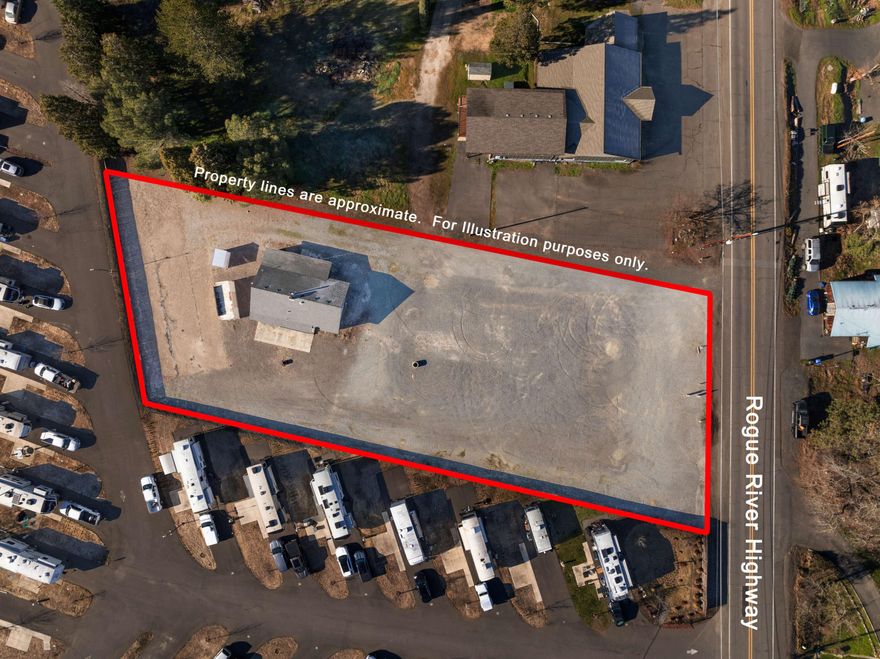 This is a GREAT and RARE opportunity for a business to own & operate with easy/fast access to I-5. Conveniently located in Gold Hill (between Medford & Grants Pass). Additionally there is a clean and ready home/office. The .93 acre is partially fenced & has been set up to maximize parking w/graveled parking areas, creating low property maintenance w/turn around space for large vehicles & to easily park trailers/store materials. Home/Office has 2bdrms or offices, 1ba & bonus rm/laundry rm. Well & septic. New gas heater. No garage but a 20'x8' shipping container w/roll up door for extra storage is included. Zoned Interchange Commercial (IC) to run a business such as vehicle/equipment service station or food or drinking establishment, food/bev drive-thru, food/sundries convenience sales, barber/beauty shop, or gift/antique/specialty shop. Of course, Buyer to do their own due diligence to verify uses/details on IC Zoning and if/how to change the zoning, if desired. Don't wait, call today!