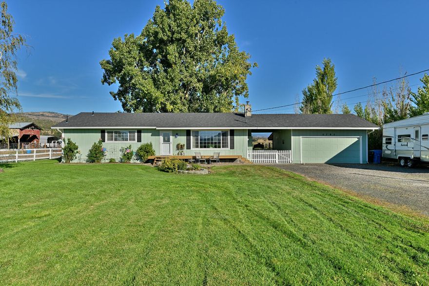 ***OPEN HOUSE SUNDAY 11/23 FROM 12-3***Rare opportunity to own property with one of the best views of Mt. McGloughlin in the valley!  This 3 bedroom, 2 bath home sits on 9.94 flat, irrigated acres and is fenced and crossed fenced.  There is a barn, metal shed and pens for large and small animals. 

The house is open concept kitchen, dining room, living room.  Light and bright!!  Primary bedroom with ensuite and two closets.  Covered breezeway between the house and garage.

Major upgrades done in 2023.  New roof, HVAC, well pump, well pipe, pressure tank, pump house, upgraded septic alarms and pumps.  A new back deck was built in 2024.
Electrical breaker box upgraded in 2007 and outlets / switches just updated.  New kitchen floor and updated main bathroom in 2025.  
The house has spectacular views of both sunrises and sunsets.  Sit on the back deck with a cup of coffee for the sunrise and sit on the front deck for the sunset.
(Seller is an Oregon licensed real estate agent)
