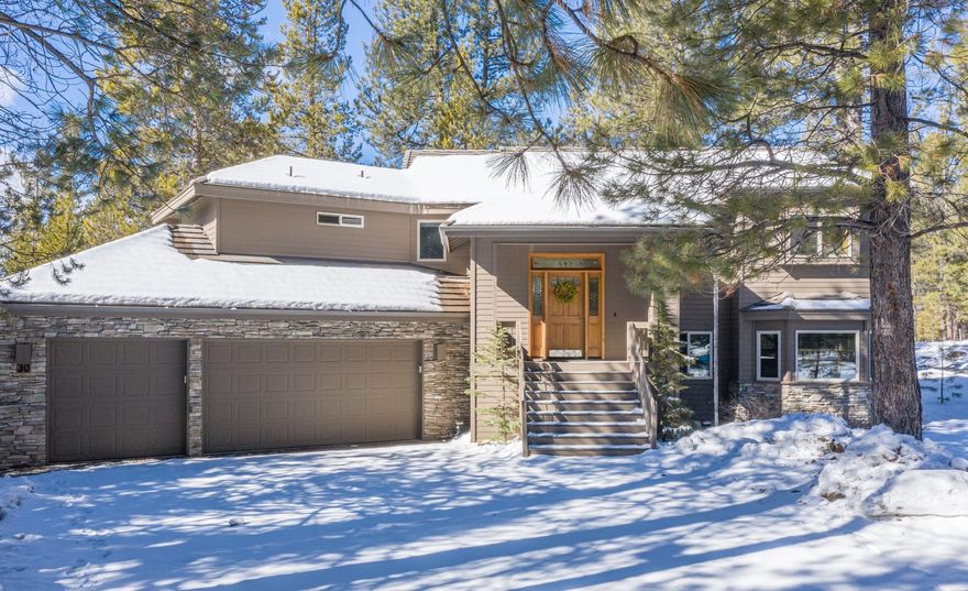 Nestled on a large corner homesite featuring expansive National Forest views, this well maintained, and nicely furnished home offers fantastic separation of space and thoughtful design in over 3,200 square feet of living area. Featuring 4-bedrooms--including 3-large master suites and an oversized bunk/bonus room, 4.5 baths, open great room, and large dining area. The gourmet kitchen offers a breakfast bar, pantry, ice maker, dual sinks, double ovens, warming drawer and 2-dishwashers. Generous windows bring the outside in and create a warm and welcoming place for family and friends to gather. Stacked stone gas fireplace, cedar vaulted ceiling, and wood wrapped windows add rustic charm. Enjoy 300+ days of sunshine on the expansive two-tier deck backing to common space. Soak under the stars after a day of play in the private hot tub. Whether you are looking for a full-time residence, an investment property, or vacation home, this is your basecamp for Sunriver adventure.