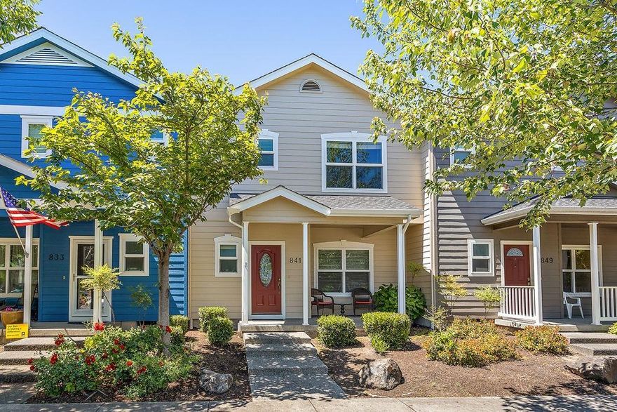 Super priced rowhome in the award winning Twin Creeks Development, backed by Griffin Oaks Park, one block to Twin Creeks Park, and two blocks to Mae Richardson Grade School. Large living room with under stair storage. Large dining room with wall for hutch and slider to covered patio. Spacious Kitchen with breakfast bar, pantry cabinet, granite counters, newer appliances and included refrigerator. Utility room with cabinets and counter, tankless hot water, and french door to breezeway connecting to OVERSIZED finished garage. Main floor powder room. Upper story is spacious master bedroom with walk-in closet, attached full bath with dual vanities and linen cabinet. Guest bedrooms are good sized with custom closets. Guest full bath with tub/shower and linen cabinet. Linen cabinet in the hall too! Newer exterior paint. Home is well maintained, shows great, sweet location AND seller iis painting interior AND is offering $5000 for new flooring.