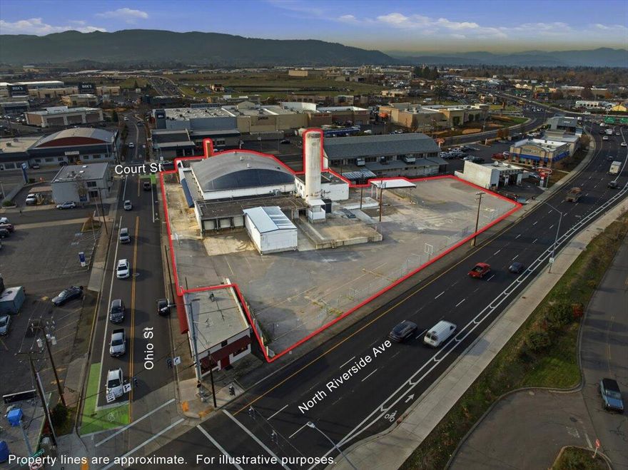Location Location Location! 1.56 Acres zoned C-C has excellent exposure to Court St and Riverside Traffic and is ready to be brought back to life, re-developed, or can be Leased for $10,000/MO Modified Gross. This is a former milk processing site situated between the Rogue valley Mall and the Northgate Shopping Center with high traffic counts (30,000 + ADT). Existing building is an estimated 24,000+ SQFT with multiple bathrooms, office space, 12,000 of open space with high ceilings, 3 phase power, multiple drive approaches off Riverside and Ohio St for great traffic circulation and a large parking lot. Seller Terms / Financing is available.