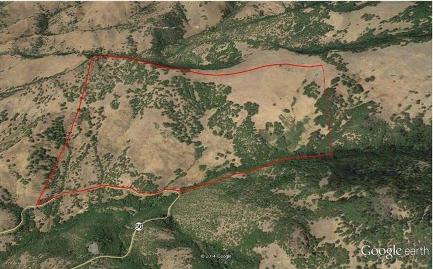 This property boasts large open grasslands and oak forest groves with south facing slopes that climb from the highway to Buck Point bluffs in the NW corner. The perennial Soda Creek and Hwy 66 make up the southern border near the existing homesite (which is expired but being renewed by the seller) and there is a live spring on the property near the access point which is located at the approximate 10 mile marker of Hwy 66 near Ashland. The property sits at 3000 feet in elevation. There are commanding views of Mt. Ashland and the Cascade Siskiyou National Monument from just about everywhere on the property.