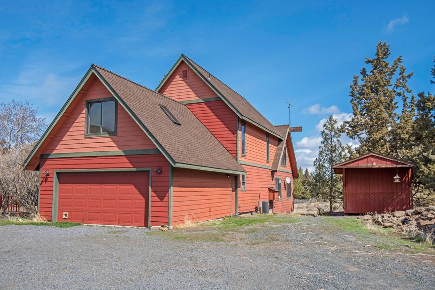 A diamond in the rough, wonderful location east of Bend. Lots of usable space, vaulted ceilings, wood accents and many buildings. Carpet and flooring have been removed so the new owner can do their own. All this plus pasture, great metal barn and huge metal shop. There is a garden potting shed, additional shed, and a newer not attached studio that was built approximately four years ago. Cascade Mountain views are visible from the primary suite. The location says it all, beautiful sunsets and sunrises on a dead end street.
