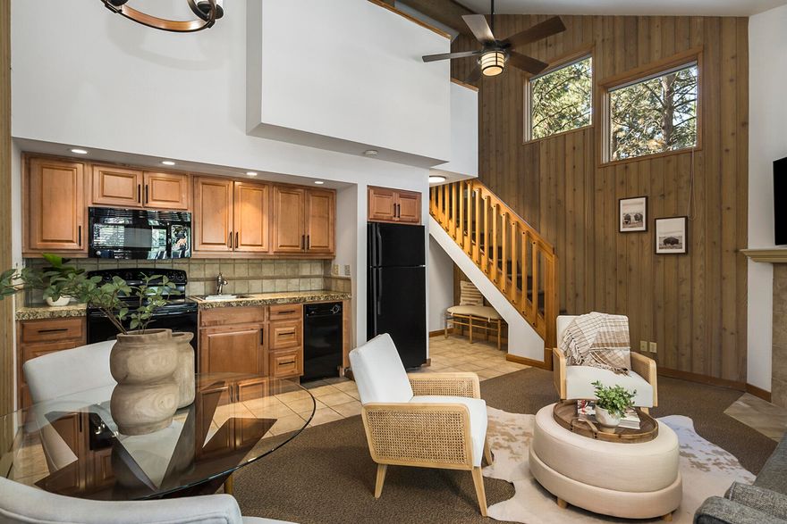 Come enjoy all the natural beauty and recreational activities Bend has to offer from this spacious Mt Bachelor Village condo. This hard to find end unit is light and bright with extra windows and towering ceilings in the main living area. With a primary bedroom on the main level and additional bedroom upstairs there is space for family and friends. The full kitchen, gas fireplace and deck overlooking the wooded terrain and Haul Road Trail make for comfortable long stays or full time living. Resort amenities include a recently renovated heated pool, hot tubs, playground, park areas, Fireside room, trails and access to the Deschutes River for hiking, biking, fishing and floating. Minutes away from Downtown Bend, the Old Mill District, OSU Cascades, golf, trails and located on the road to Mt Bachelor Ski Resort. Make this your vacation home, full time residence or turn it into a profitable nightly rental. This is a perfect launching pad for your outdoor adventures!