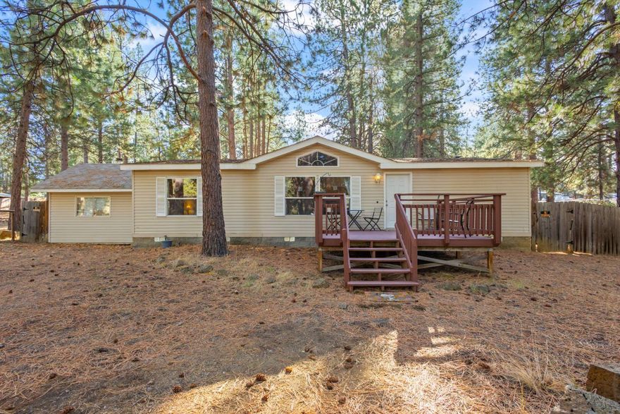 Open Sat 12/6, 12:00-2:00! Rare opportunity in Deschutes River Woods! This well-maintained home sits on just under an acre with NO HOA, offering endless possibilities. On a quiet paved dead-end street surrounded by ponderosa pines, you're minutes from trails yet close to town. Inside, enjoy vaulted ceilings, carpet-free laminate flooring, and some really nice updates throughout including the primary shower! The spacious front deck overlooks your private, tree-studded lot. You want a STANDOUT Feature? A bonus outbuilding ready for your creativity with ideas such as office space, studio, gym, or workshop. With no HOA restrictions, bring your RV, hobbies, and dreams! This sought after area commonly known as ''DRW'' is 6 mi to Bend, 5 mi to High Desert Museum, 19 mi to Mt Bachelor and too many lakes and trails to list! {some photos are virtually staged}