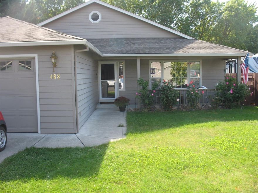 This is a beautiful welcoming home - wheelchair accessible hallways, vaulted ceilings with fan, open floor plans and loft of light. Kitchen has double ovens, pantry, lots of counter space, new dishwasher & garbage disposal. Spare rooms have fresh paint. Master will have fresh coat of paint by COE, huge walk-in closet, vaulted ceilings with fan and door to covered back porch. Linen closet inside the master bath. Storage closet in utility room right off garage. Outside you will find a huge covered porch for entertaining, fully shaded yard and very private. Yard can be extended to back fence to enlarge the size, walnut and cherry trees. 12x16 shed stays with home. Sellers are in the process of moving so please excuse the boxes and empty shelving units. Seller requests one week after COE for buyer possession. $3000 carpet allowance included.