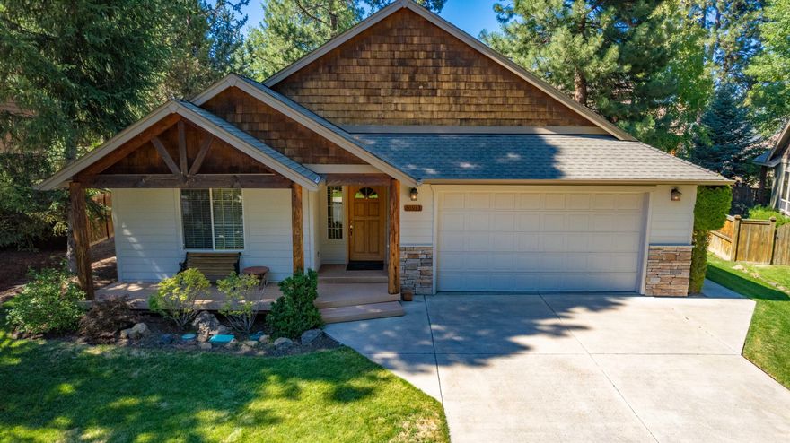 Nestled among large Ponderosa pines in a quiet neighborhood this custom quality-built lodge-style home was built by Crystal Park Construction. This SINGLE level three bedroom two bath home encompasses over 1530 square feet located in Firewise Certified, pride of ownership Mountain Pines which runs along Bend Golf &Country Club
in SE Bend near many golf courses, shopping, schools, new Little Fawn Park, state of the art new Caldera High School, Alpenglow Park and with nearby Parkway access.  Upgrades include NEW CARPETING, A/C, alder cabinets, wood flooring, wood blinds throughout, vaulted ceilings, fireplace with stone surround, large paver patio and an attached extended two car garage (large enough for a full sized truck). Large .22 acre park like backyard with lots of open space/common areas in the neighborhood. Access to Bend Golf and Country Club for members via access on Selkirk.