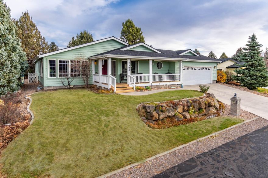 You'll feel at home in this elegant 3-bed/2 bath, 2,210 sq ft home on an elevated .17-acre lot with stunning Cascade Mountains & Pilot Butte views. Peaceful, private location yet close to medical, shopping, schools &  parks. Vaulted living room with window surround captures amazing sunsets. Open island kitchen w/stainless appliances, pantry, breakfast bar, and ample storage flows to vaulted family room with tray ceiling, gas fireplace, huge windows and backyard access. Primary suite has double-door entry, vaulted ceiling, & French doors to bathroom w/soaker tub, separate shower, dual vanities, & walk-in closet. All bedrooms have walk-in closets and newer carpet. Office nook, laundry, central vac, oversized 2-car garage with built-in storage and remotes. Newer laminate flooring in a living areas. Backyard patio with sprinklers; beautiful mature landscaping, and HOA maintained front yard. Enjoy 4th of July fireworks from your front deck! Gated community w/pool, pickleball &  RV storage