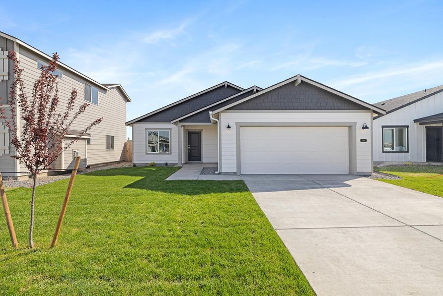 New 1488 SQFT, single level home. This 3 bed 2 bath new construction includes a deluxe chef's kitchen with quartz counters, pantry, island, dishwasher and 5 burner stainless air-fry convection range. Master bath with double sinks, shower and large walk-in closet. 95% high efficiency gas forced air heating, gas fireplace, laundry room and covered patio. Ask listing agent for builder incentives.