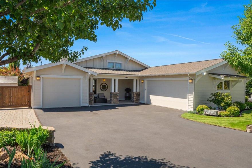 This impeccably maintained single-level home in the sought-after Forked Horn Butte neighborhood offers a park-like setting blending privacy and tranquility. Spanning 2,314 sq. ft. on nearly a 1/4 acre, this home features 3 spacious bedrooms, 3 bathrooms, plus a versatile office, all complemented by an open floor plan and vaulted ceilings. The chef's kitchen is a standout with a large island, quartz countertops, beautiful custom cabinetry, wood floors, a storage shed, dedicated Boat or RV Parking with 50-amp RV service, a covered rear patio, water features, and a lush backyard oasis. You won't want to miss this gem in SW Redmond.